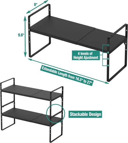 Miniatura 2 de SUZLON Estante organizador de gabinete expandible, estante apilable de almacenamiento para mostrador de cocina, estante de despensa de altura Negro