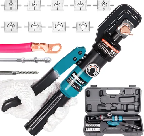 Engarzadora de cables de batería hidráulica de 10 toneladas – Retorno de una sola mano, 9 troqueles hexagonales para 12-2/0 AWG, cabezal giratorio