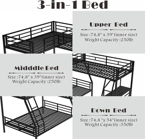 Miniatura 4 de SOFTSEA Literas triples de metal para adolescentes, litera en forma de L individual sobre individual para 3 niños, individual sobre individual sobre