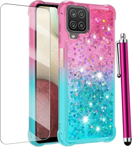 Funda para Galaxy A12 con protector de pantalla de vidrio templado, con purpurina flotante líquida y brillante para mujeres y niñas, silicona TPU