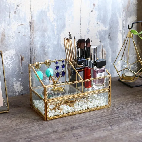 Miniatura 6 de Caja de cristal dorada, bandeja de vidrio, organizador de exhibición de maquillaje en la cómoda, almacenamiento cosmético multifuncional