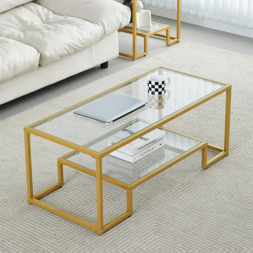 Miniatura 11 de Mesa de centro de cristal de metal negro, mesa de centro simple para sala de estar, hogar, mesa de centro con marco de metal con 2 estantes, mesa