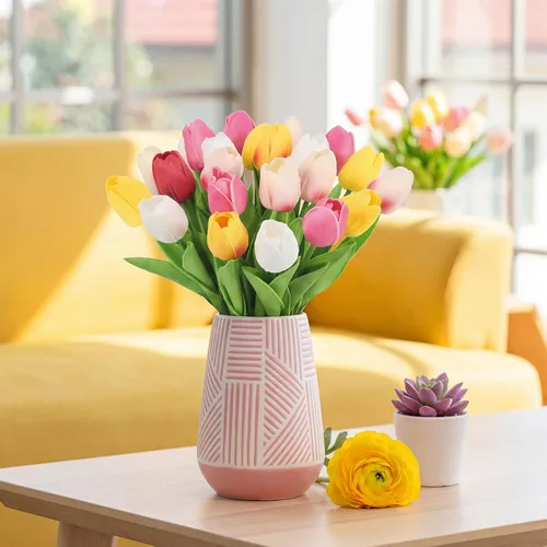 Miniatura 2 de IPOPU 24 tulipanes artificiales de tacto real para decoración, tulipanes falsos, arreglos florales, tulipanes artificiales sintéticos, decoración