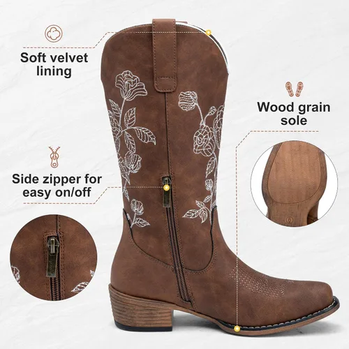 Miniatura 4 de Jeossy Botas vaqueras a media pantorrilla con bordado de flores, tacón bajo, botas vaqueras occidentales 9807 para mujer