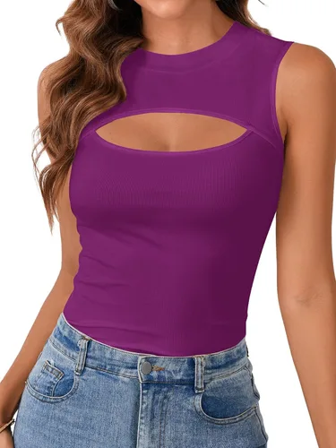 Miniatura 10 de Vrtige Camiseta sin mangas sexy con cuello redondo para mujer, de punto acanalado, sin mangas, ajustada