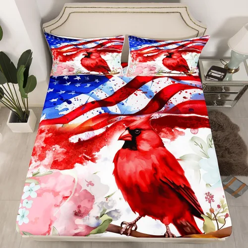 Miniatura 2 de Erosebridal Juego de sábanas de cardenal con bandera estadounidense, tamaño individual, coloridas flores florales, sábana bajera ajustable con ramas