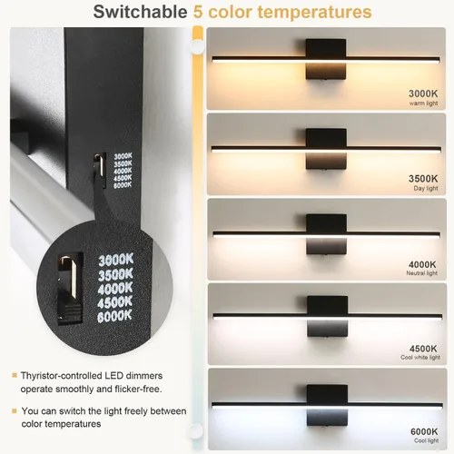 Miniatura 5 de Lámpara de tocador de baño moderna de 24 pulgadas, lámpara de baño negra de 18W sobre espejo, aplique de pared LED regulable de 5CCT para espejo