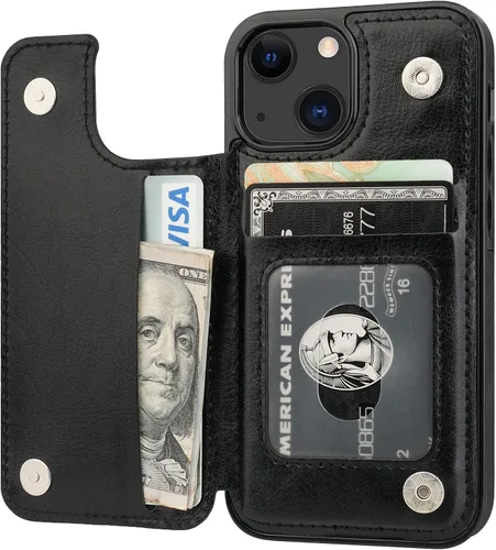 ONETOP - Funda tipo cartera compatible con iPhone 13 Mini con soporte para tarjetas, funda de piel sintética con ranuras para tarjetas, doble cierre