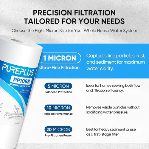 Miniatura 5 de PUREPLUS 1 Micron 10" x 4.5" Whole House Sediment Home Water Filter Replacement Cartridge for RFC-BBSA, HD-950, WFHD13001B, W15-PR, GXWH30C