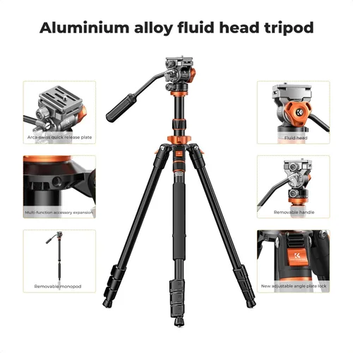 Miniatura 4 de K&F CONCEPT Trípode de video de cámara de 83 pulgadas para DSLR, trípode de aluminio compacto con cabezal fluido panorámico de 360° para viajes