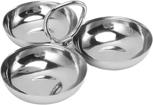 Plato de Servir de Acero Inoxidable 304, Plato de Frutas 3 en 1 con Compartimento para Aperitivos, Platos de Postre Reutilizables, Plato de Frutas