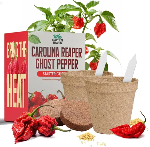 Carolina Reaper Ghost Pepper - Kit de cultivo todo en uno - Semillas de la segadora de Bhut Jolokia, crece los pimientos más calientes, kit de