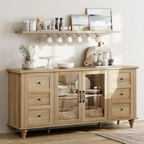 Miniatura 13 de WAMPAT Aparadores Buffet con Puerta de Vidrio, Gabinetes de Almacenamiento de Cocina, Mesas de Bar de Café de Madera, Mesa de Gabinete de Blanco