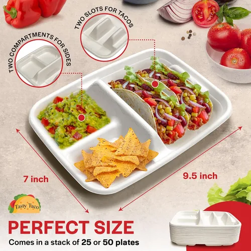 Miniatura 3 de Platos desechables blancos para tacos para 2 tacos y 2 lados – Paquete de 25 Platos de papel de primera calidad con divisores, soporte para tacos