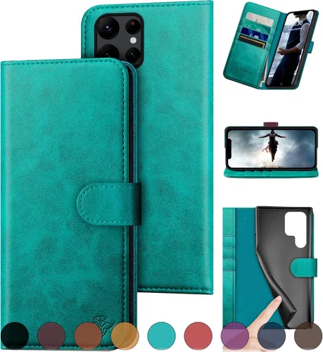 DuckSky Funda tipo cartera de cuero genuino para Samsung Galaxy S22 Ultra 【Bloqueo RFID】【4 tarjeteros de crédito】【Cuero auténtico】 Funda protectora