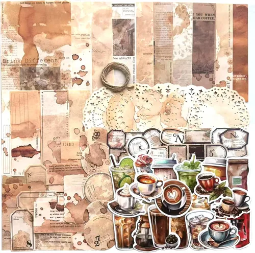 Paquete de 115 piezas de suministros para álbumes de recortes de bebidas de café, papel decorativo vintage, calcomanías de vinilo estéticas,