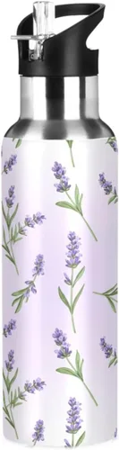 Lavender Flowers Green Leaves Insulated Stainless Steel Water Bottle with Straw 20 Oz, BPA-Free Sports Water Bottle Leakproof Water Bottles