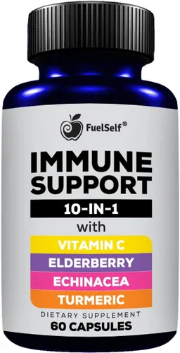 Suplemento de refuerzo de apoyo inmunológico con saúco, vitamina C, equinácea, curcuminoides de cúrcuma, vitamina E, vitamina B6, zinc, L-glutamina