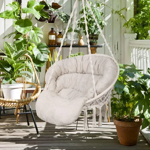 Miniatura 7 de Silla hamaca con cojín, silla columpio de macramé hecha a mano con kits de accesorios para colgar, estilo bohemio, silla colgante de cuerda de Beige