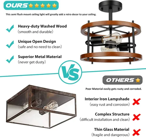 Miniatura 2 de Lakumu Lámpara de techo retro semi empotrada de 2 luces, de madera rústica vintage y metal negro industrial para pasillo, entrada, dormitorio, Cereza