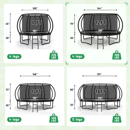 Miniatura 2 de Polar Aurora Trampolín para exteriores de 10 pies, 12 pies, 14 pies, 16 pies, con red de seguridad, almohadilla de resorte engrosada, trampolín Negro