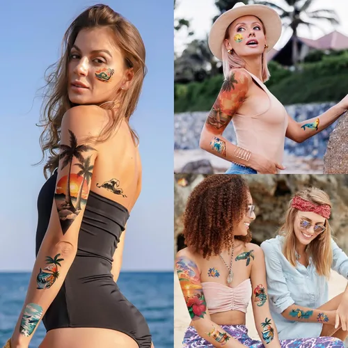 Miniatura 5 de 77 hojas de tatuajes temporales para mujeres y hombres, 17 hojas de tatuajes falsos de medio brazo de flores de playa, calaveras, atardeceres, 60