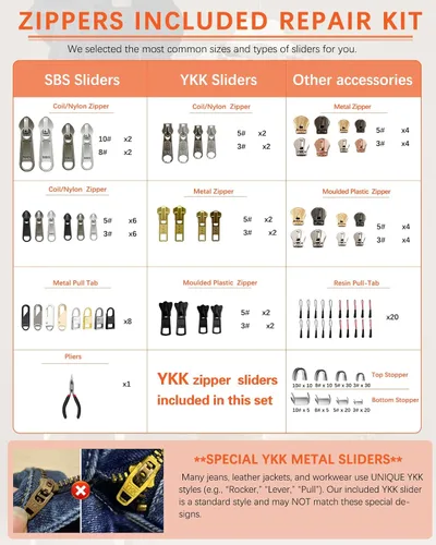 Miniatura 2 de Kit de reparación de cremalleras VICHERIA (200 piezas) - ¡con deslizadores compatibles con YKK y deslizadores universales! Arregla la mayoría