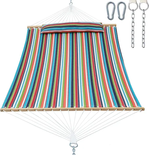 Miniatura 10 de GAFETE Hamaca de tela acolchada para 2 personas para exterior, hamacas dobles de 12 pies con barra separadora, almohada extraíble grande, bolsa