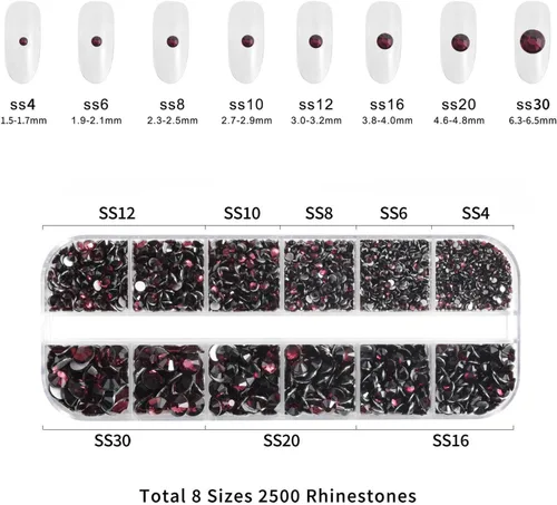 Miniatura 2 de Beadsland Diamantes de imitación para maquillaje, 8 tamaños, 2500 unidades de diamantes de imitación con parte trasera plana color burdeos, gemas