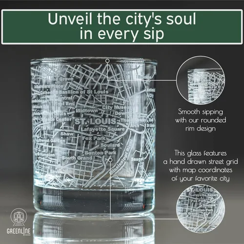 Miniatura 4 de Greenline Goods Vasos de whisky – Juego de vasos de 10 onzas para los amantes de San Luis, grabado con mapa de la ciudad de San Luis Old Fashioned