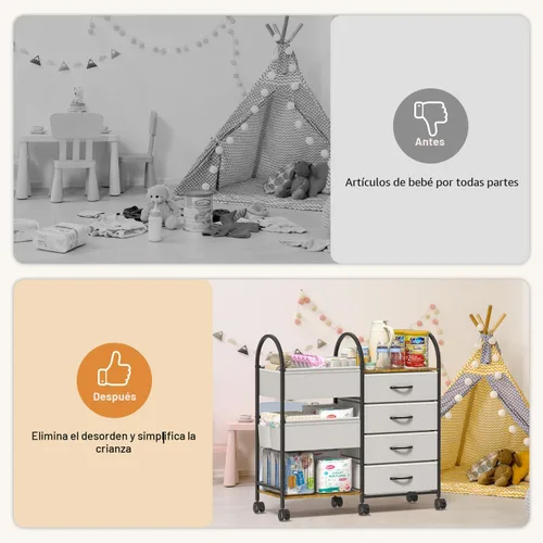 Miniatura 4 de Carrito organizador de pañales para bebés con ruedas, carrito de pañales rodante de 4 niveles con separadores y cajones, almacenamiento de guardería