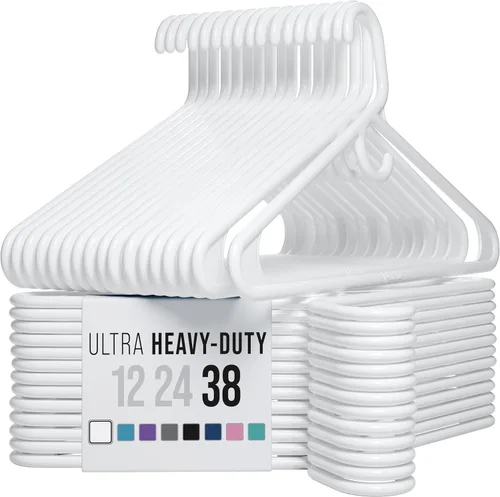 NEATERIZE Perchas de ropa de plástico ultra resistentes, color blanco, duradero, para abrigos, trajes y ropa (paquete de 38 unidades, blanco)
