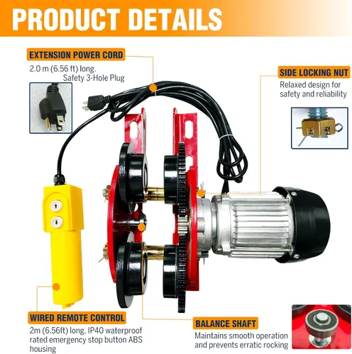 Miniatura 5 de Carro eléctrico para polipasto eléctrico, capacidad de 2204 libras, para polipastos PA200-PA1000 ruedas de alta resistencia, 2.68-4.33 pulgadas