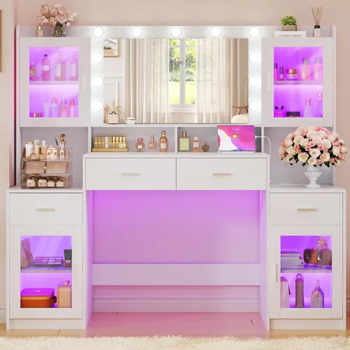 Miniatura 7 de HUAHUU Escritorio grande con espejo y luces, tocador de maquillaje de 54.3 pulgadas con 4 gabinetes RGB y 4 cajones, juego de tocador blanco