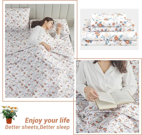 Miniatura 7 de Softan Sábanas de flores naranjas para cama de tamaño King, sábanas estampadas con estampado floral – Sábanas bajeras de microfibra suave