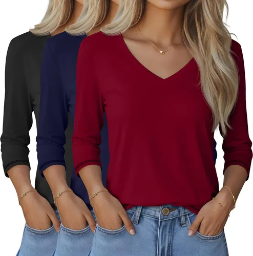 Miniatura 39 de Ficerd Paquete de 3 camisetas de manga 3/4 para mujer, cuello en V, blusas holgadas, blusas casuales, ropa de moda 2026