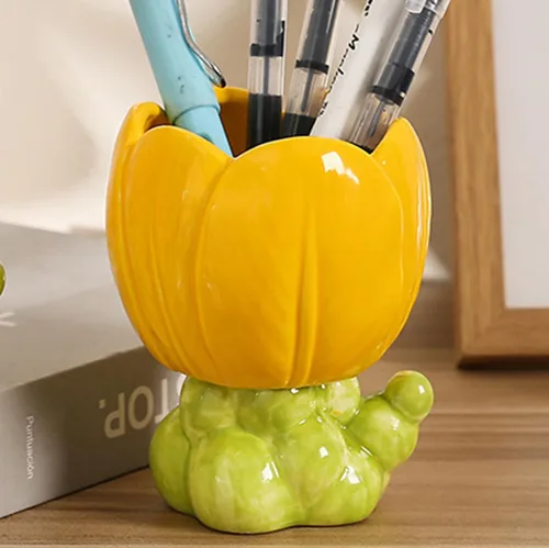 Miniatura 2 de WONIU Lindo portalápices flor cerámica pluma taza escritorio organizador para oficina en casa, amarillo