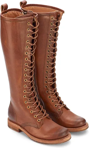 Miniatura 9 de Frye Veronica Botas de combate altas de 15 pulgadas para mujer hechas de cuero de grano completo con construcción Goodyear Welt, cordones de tela
