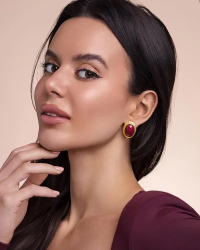 Miniatura 2 de Aretes gruesos chapados en oro de 18 quilates, con diseño ovalado, ovalado, con forma de cúpula exagerada y redondeada, hechos a mano, con botón