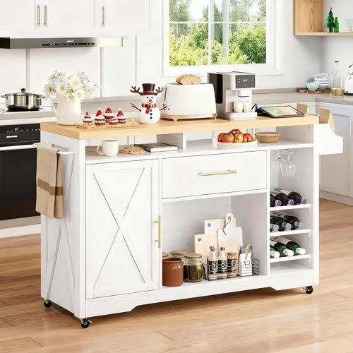 Miniatura 8 de YITAHOME Expandable Kitchen Island with Hidden Trash Cabinet, 55.1" Rolling Kitchen Island with Drop Leaf, Storage Drawer & 3-Tier Side Shelves