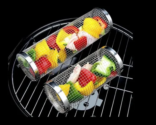 Miniatura 3 de Cesta rodante para barbacoa con tapa, cesta de barbacoa de acero inoxidable para exteriores, accesorios de cocina cilíndricos de malla redonda