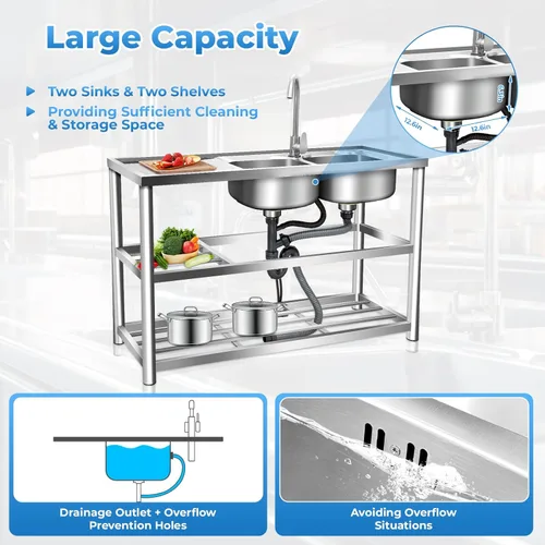 Miniatura 2 de Fregadero de acero inoxidable 304 para preparación y uso general, fregadero al aire libre, fregadero de cocina comercial de doble tazón, 2