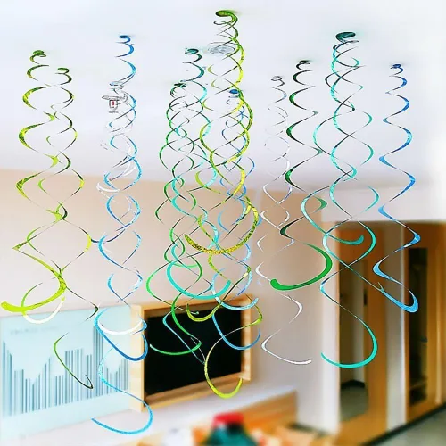 Miniatura 5 de ZOOYOO Decoraciones de remolinos para fiestas, decoración de remolinos colgantes en el techo de papel de aluminio azul y naranja, decoraciones