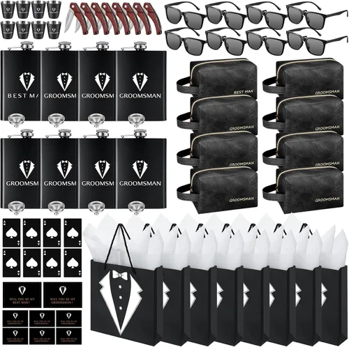Miniatura 11 de 20 piezas de regalos para padrinos de novio, caja de propuesta con matracas, gafas de sol, bolsa de aseo de cuero PU, abridor de botellas