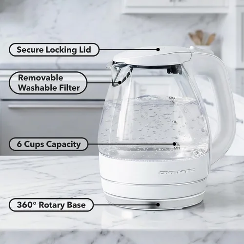 Miniatura 2 de OVENTE Hervidor eléctrico, calentador de agua y hervidor de vidrio borosilicato de 1.5L para encimera para café o té, sin BPA, apagado automático