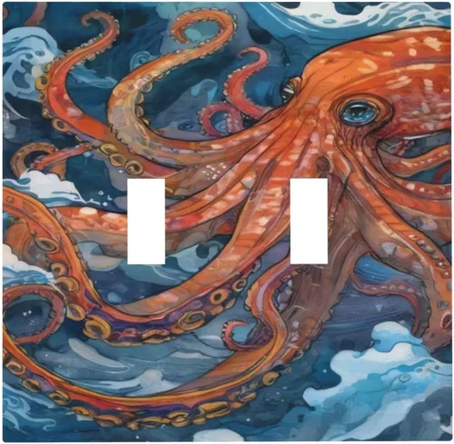 Cubiertas de Interruptor de Luz de Doble Palanca Retro Pulpo Rojo Monstruo Ola de Mar Azul Decorativas Cubierta de Placa de Pared de 2 Gang Retro