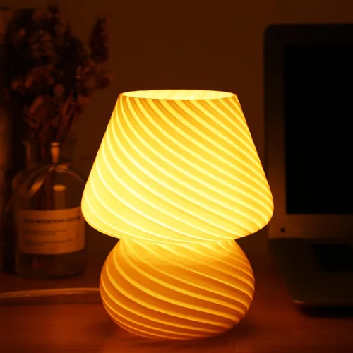 Miniatura 3 de Lámpara de hongo rosa, lámparas de mesa de noche de cristal de hongo, translúcidas, estilo vintage Murano a rayas, pequeña mesita de noche, lámpara