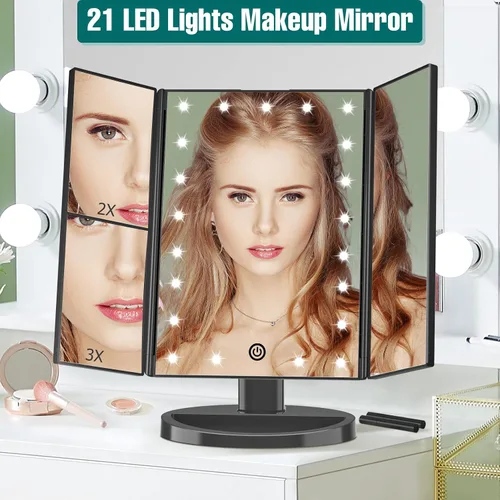 Miniatura 2 de FASCINATE Espejo de maquillaje iluminado, 21 luces LED brillantes, espejo de tocador tríptico LED con aumento 3x/2x/1x, control táctil de brillo
