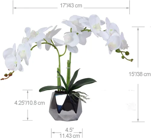 Miniatura 2 de W&W Arreglo de plantas y flores de orquídeas artificiales en maceta de cerámica, orquídea blanca falsa con jarrón plateado, orquídeas falaenopsis