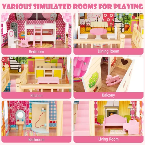 Miniatura 4 de HONEY JOY Casa de Muñecas Rosa, Casa de Muñecas de Madera para Niños con Balcón y Escaleras, 15 Piezas de Accesorios y Muebles Incluidos, Juguete